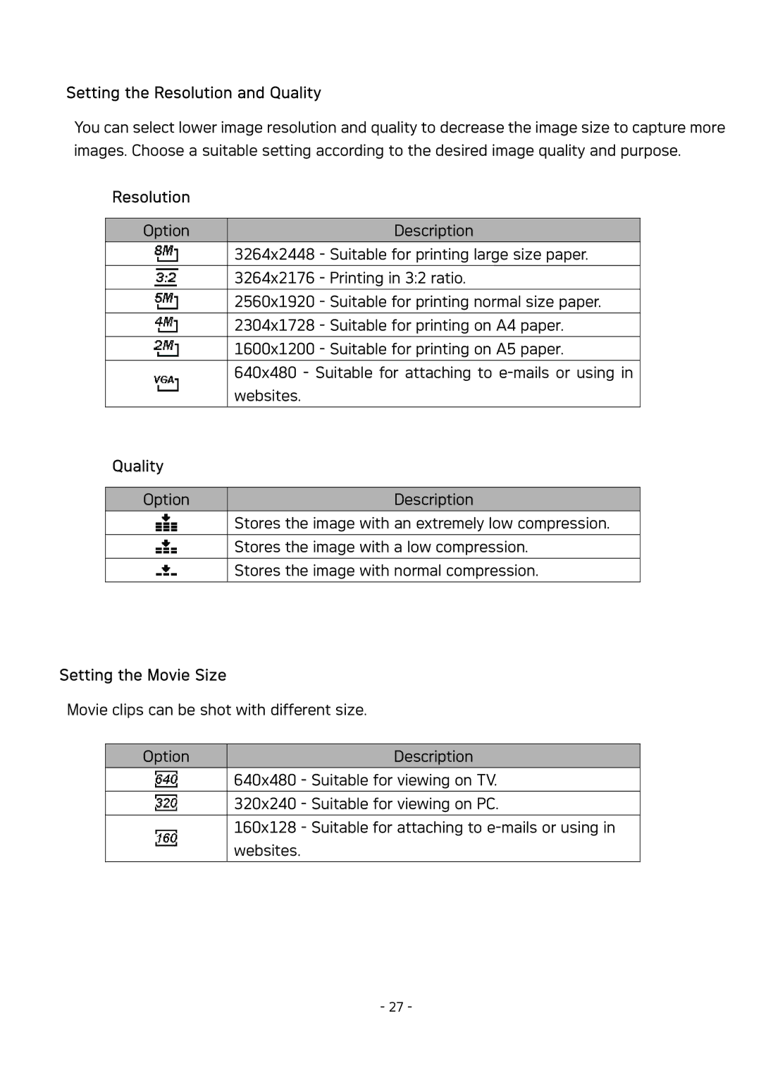 AGFA DC-830 user manual Setting the Resolution and Quality, Setting the Movie Size 