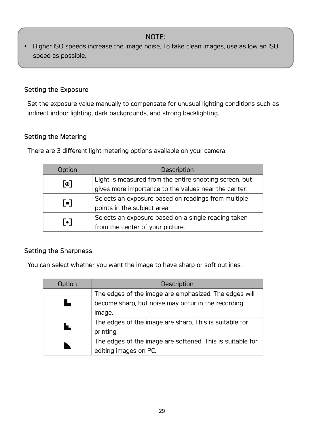 AGFA DC-830 user manual Setting the Exposure, Setting the Metering, Setting the Sharpness 