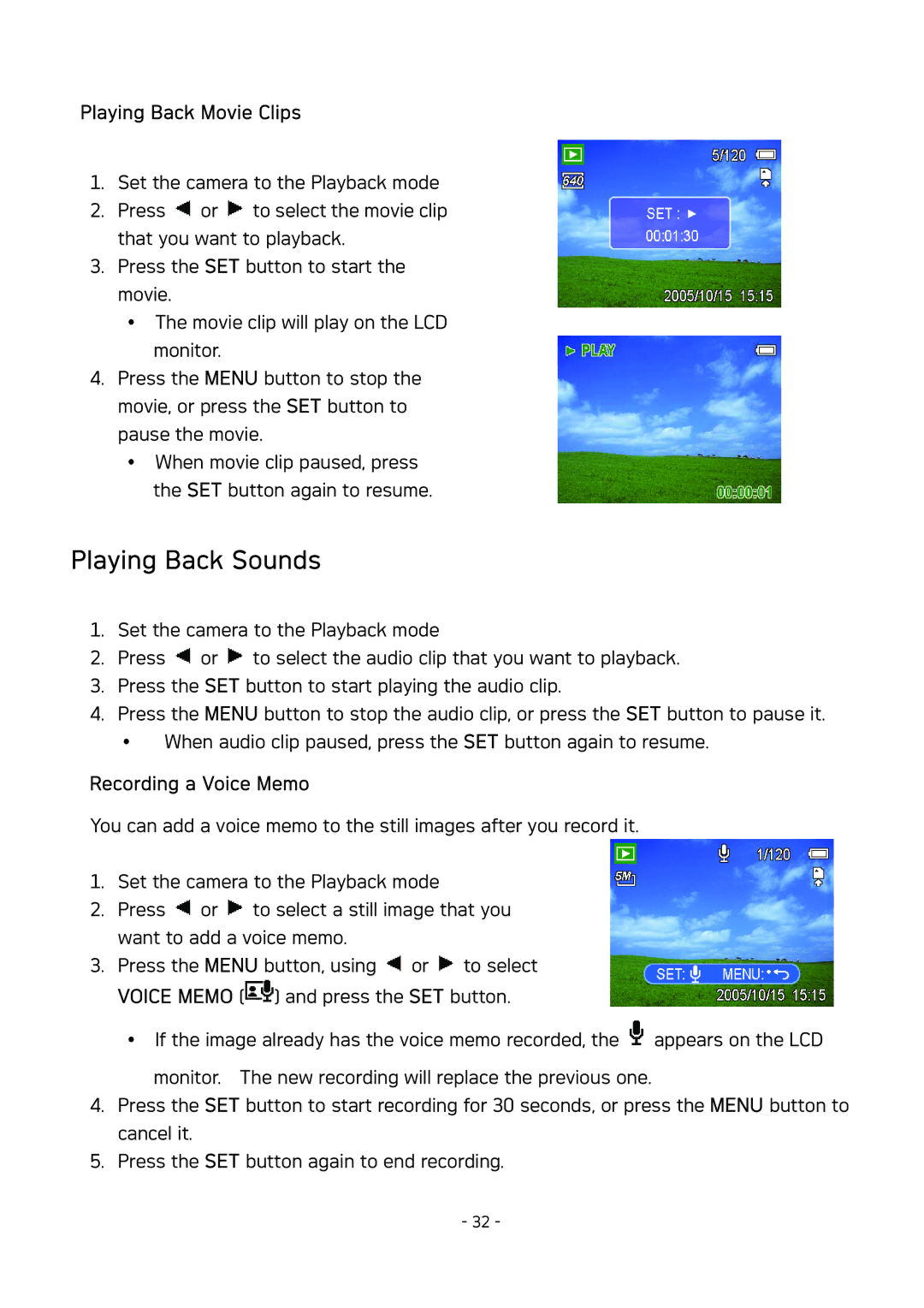 AGFA DC-830 user manual Playing Back Sounds, Playing Back Movie Clips, Recording a Voice Memo 