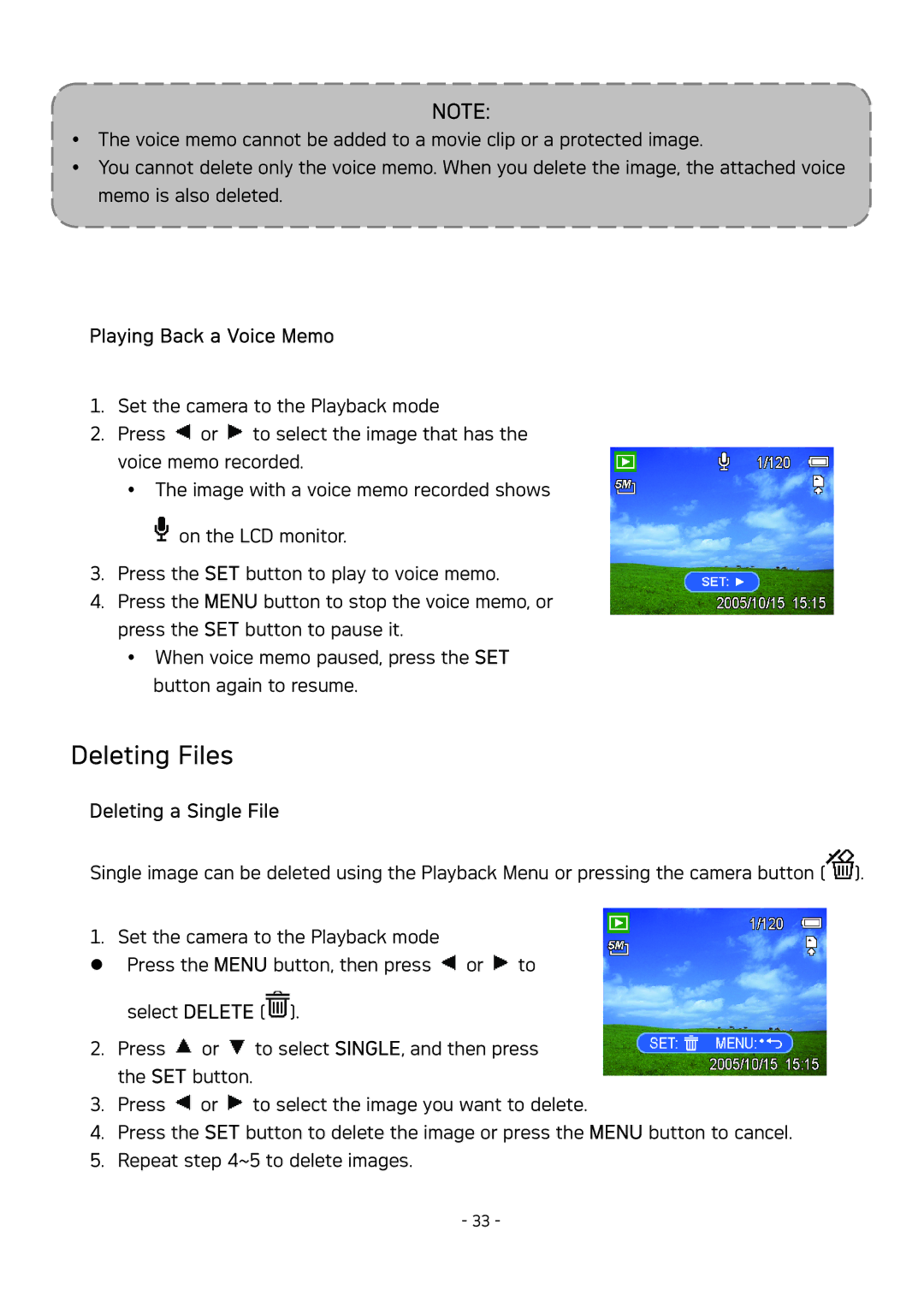 AGFA DC-830 user manual Deleting Files, Playing Back a Voice Memo, Deleting a Single File 