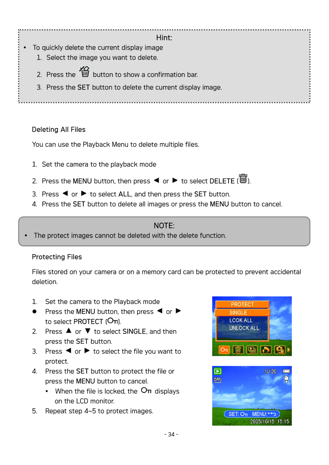 AGFA DC-830 user manual Deleting All Files, Protecting Files 