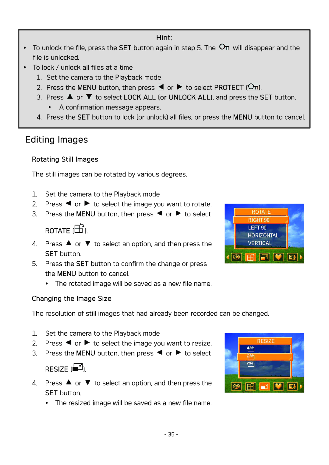 AGFA DC-830 user manual Editing Images, Rotating Still Images, Changing the Image Size 