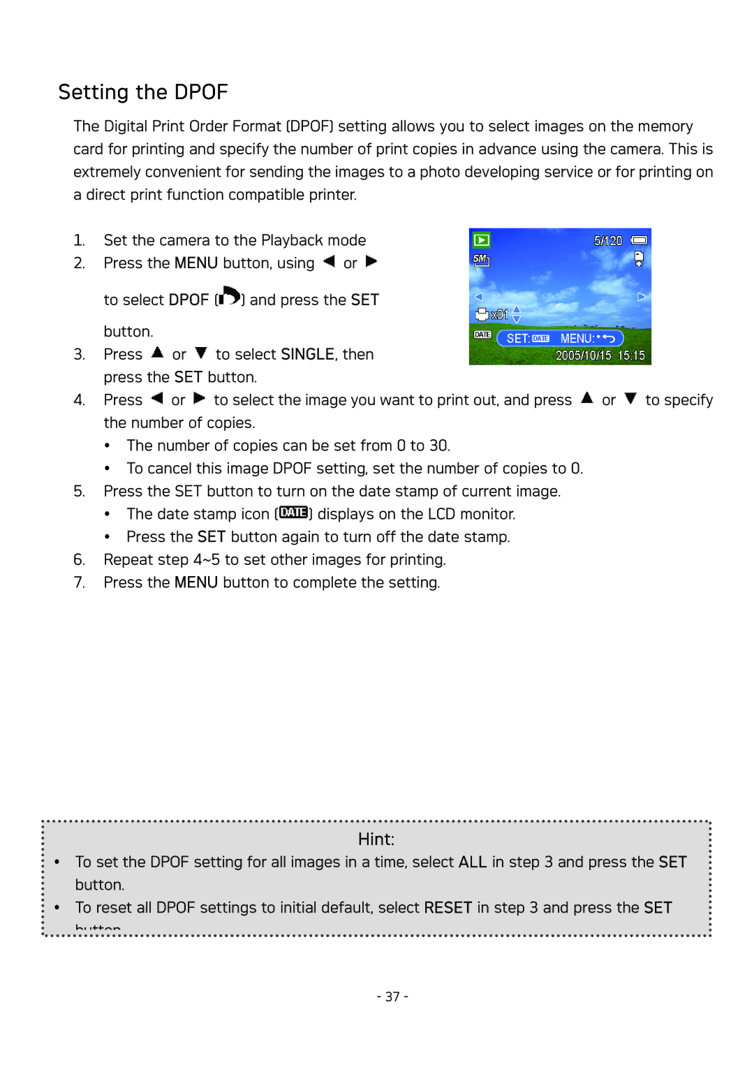 AGFA DC-830 user manual Setting the Dpof 