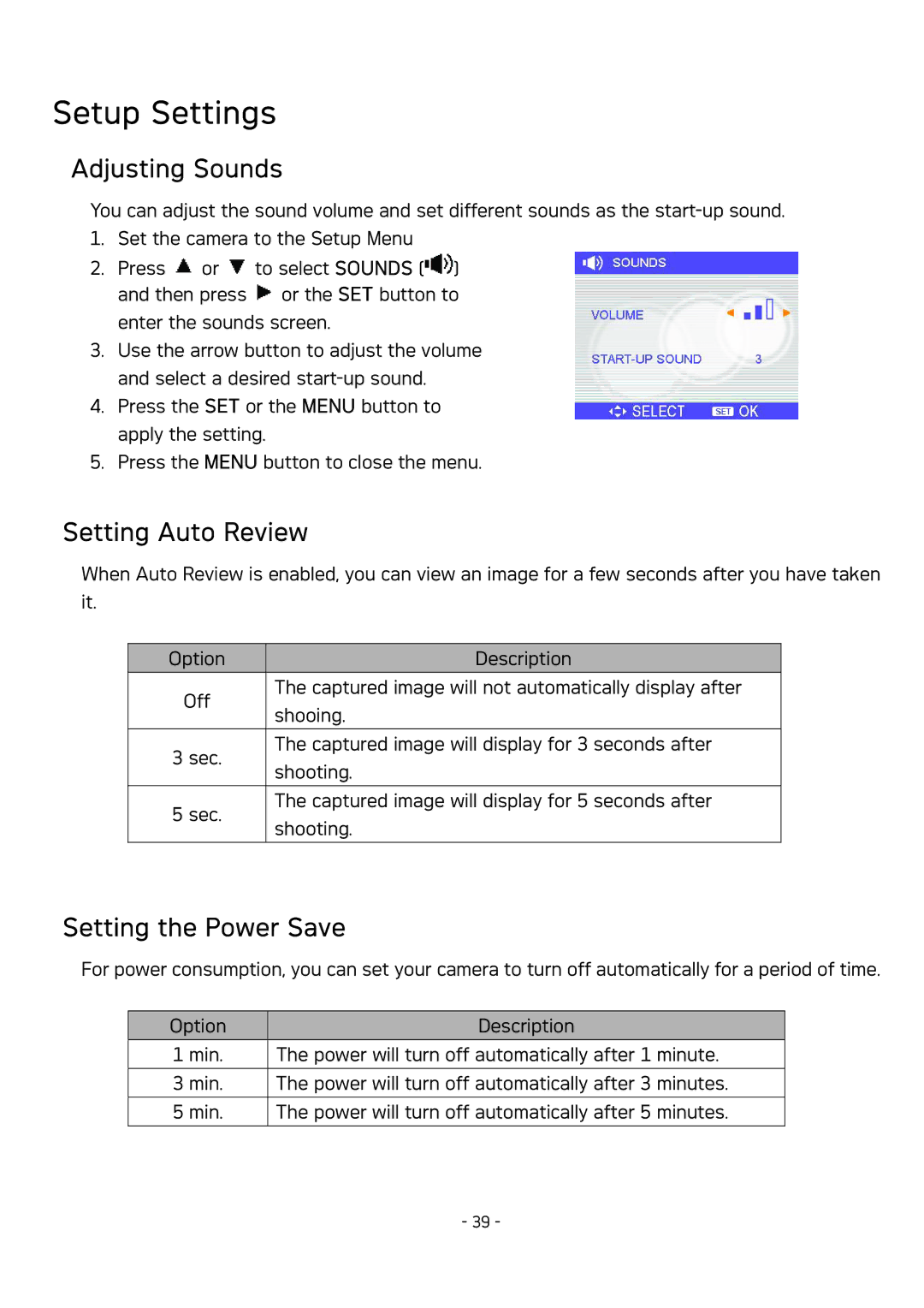 AGFA DC-830 user manual Setup Settings, Adjusting Sounds, Setting Auto Review, Setting the Power Save 