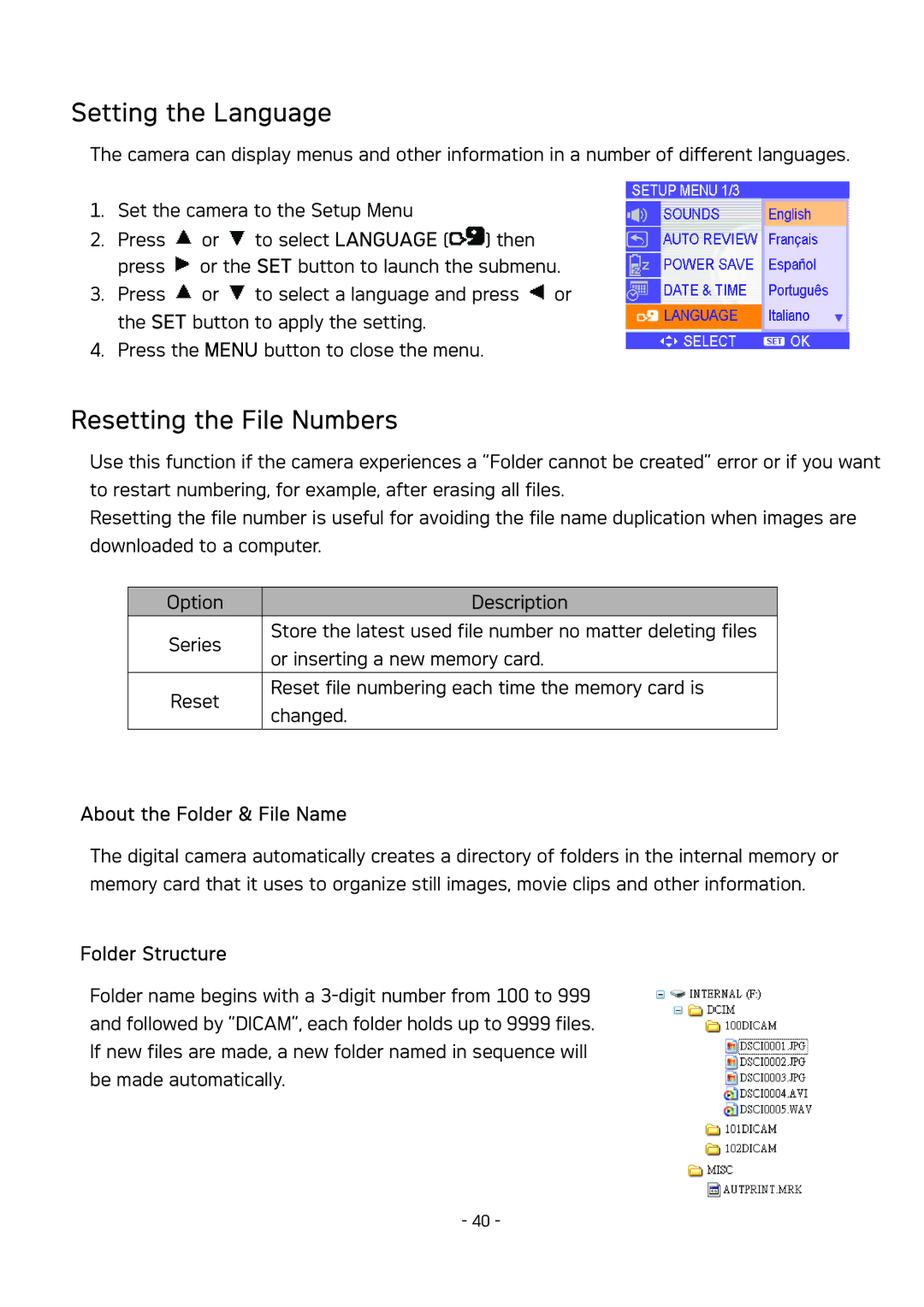 AGFA DC-830 user manual Setting the Language, Resetting the File Numbers, About the Folder & File Name, Folder Structure 