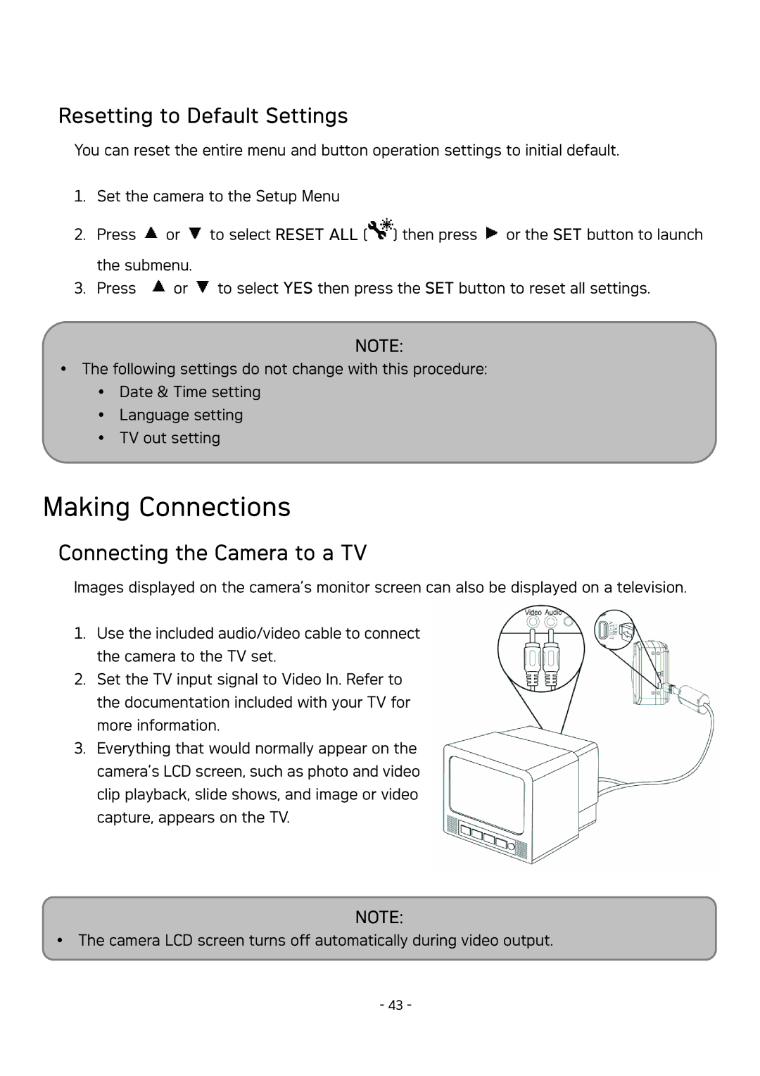 AGFA DC-830 user manual Making Connections, Resetting to Default Settings, Connecting the Camera to a TV 