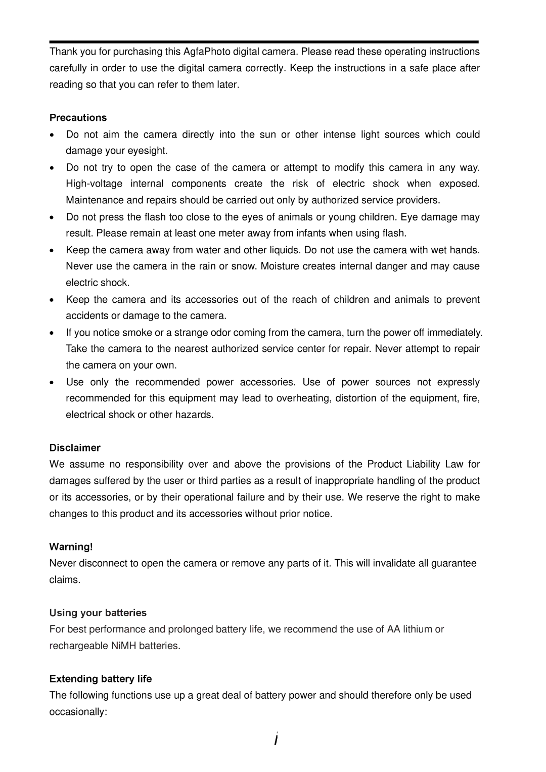 AGFA DC-830i operating instructions Precautions, Disclaimer, Extending battery life 