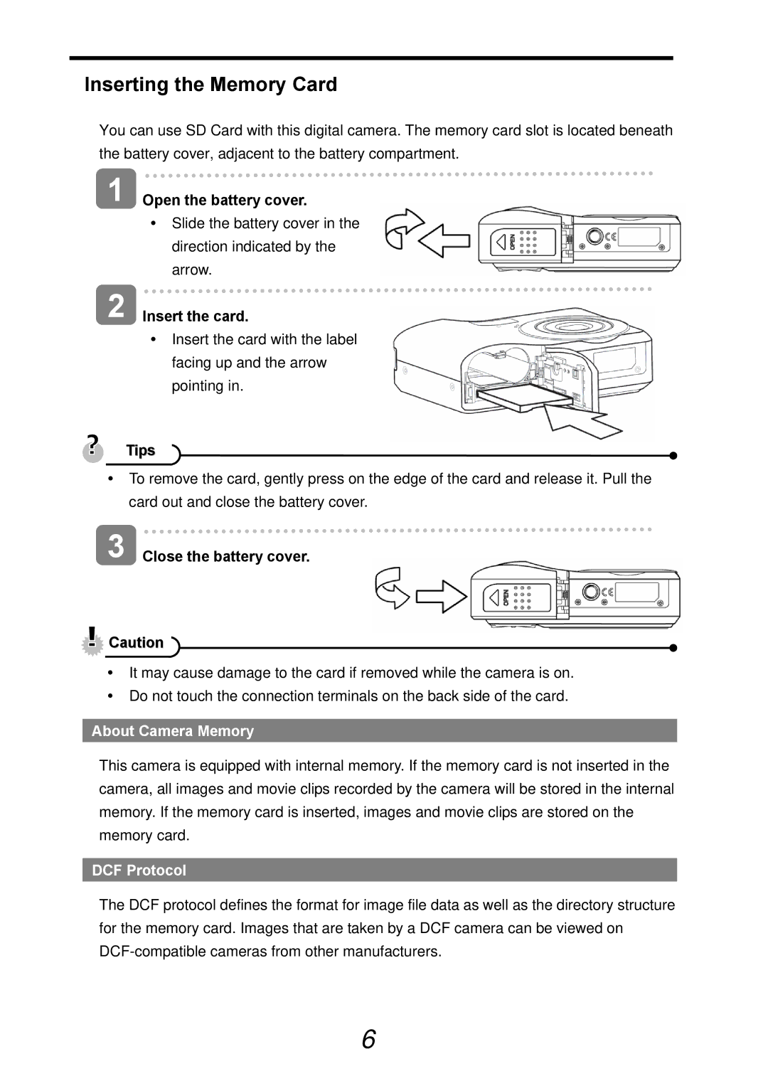 AGFA DC-830i operating instructions Inserting the Memory Card, Insert the card, About Camera Memory, DCF Protocol 