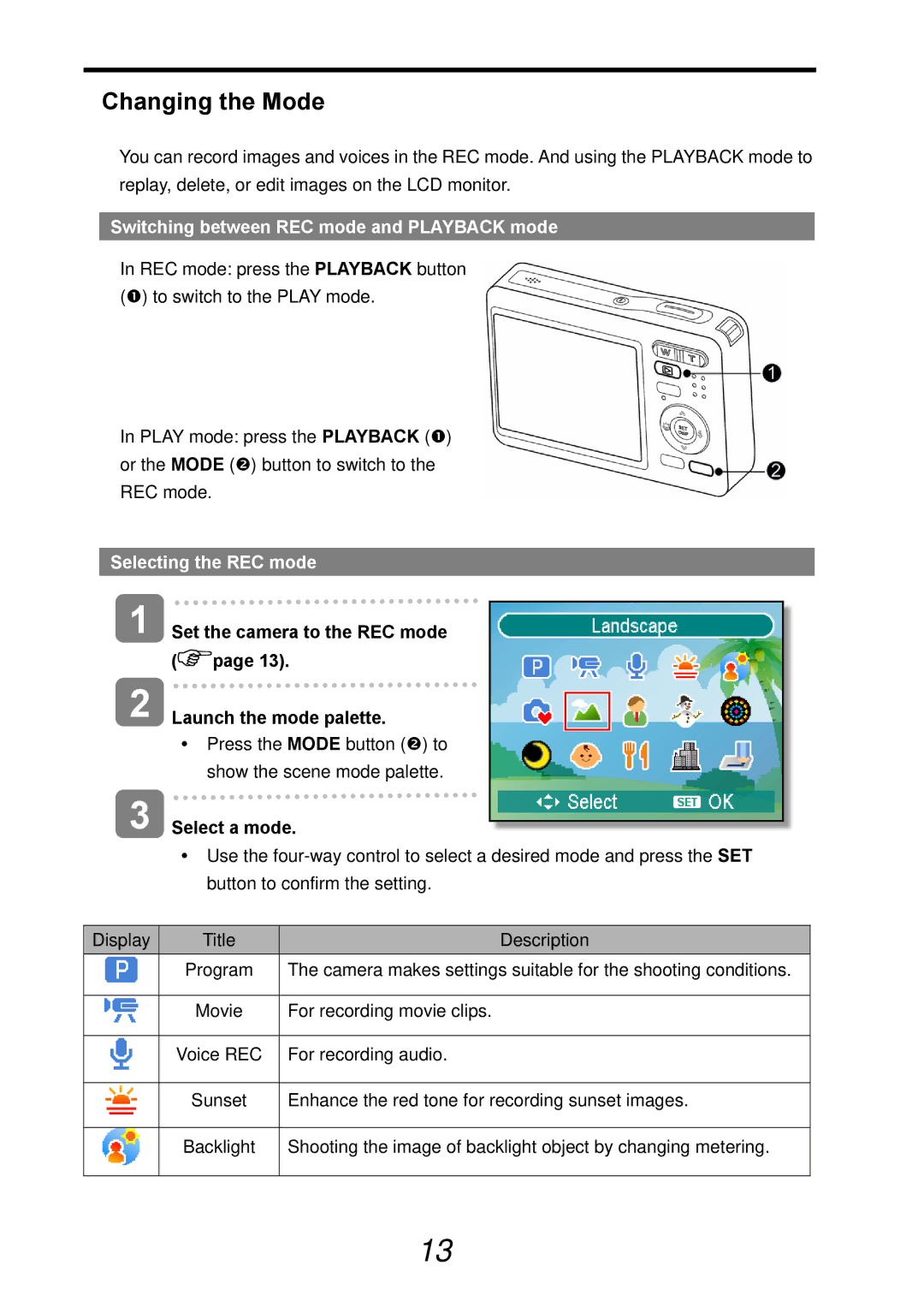 AGFA DC-830i Changing the Mode, Switching between REC mode and Playback mode, Selecting the REC mode, Select a mode 