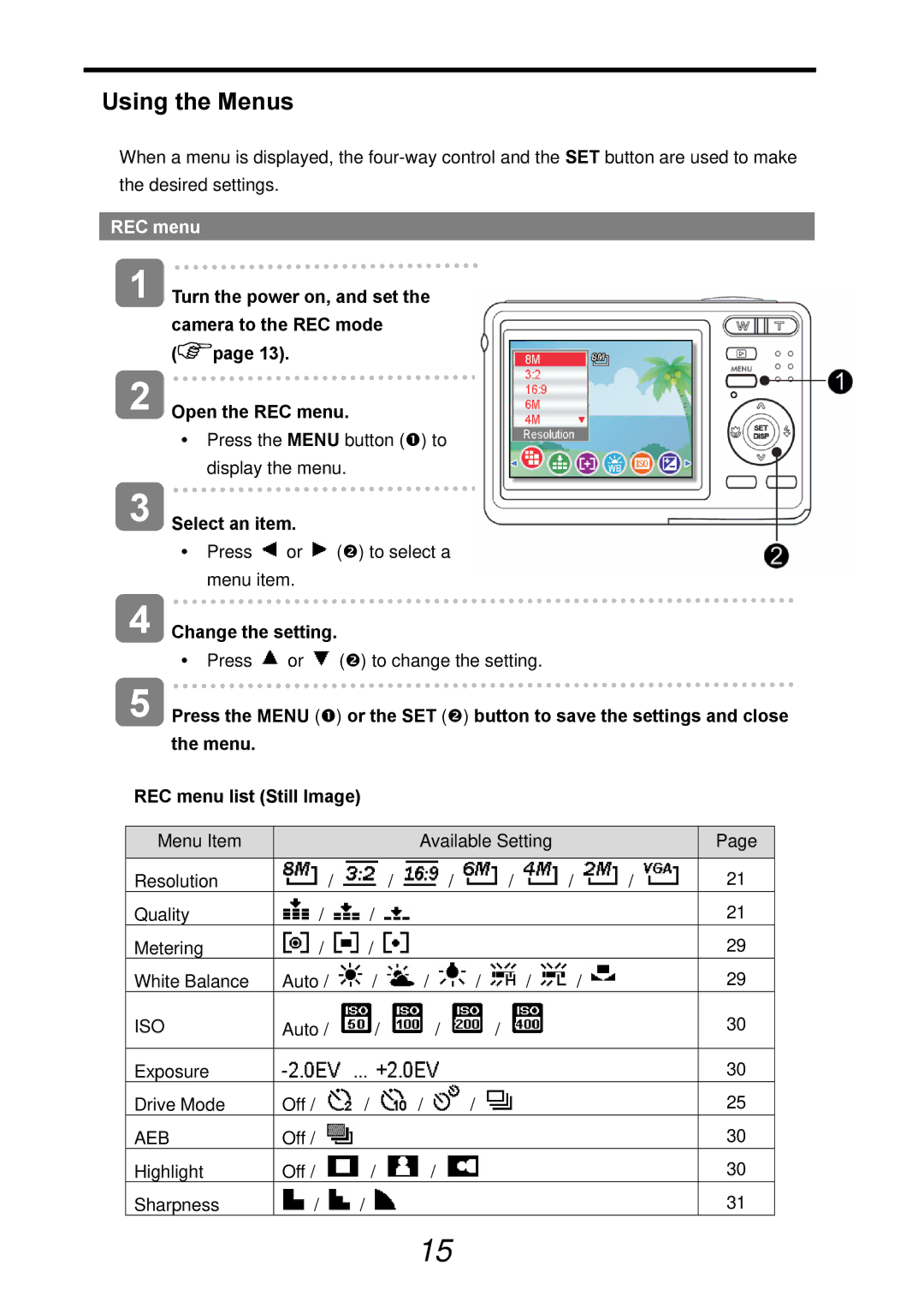 AGFA DC-830i operating instructions Using the Menus, REC menu, Select an item, Change the setting 