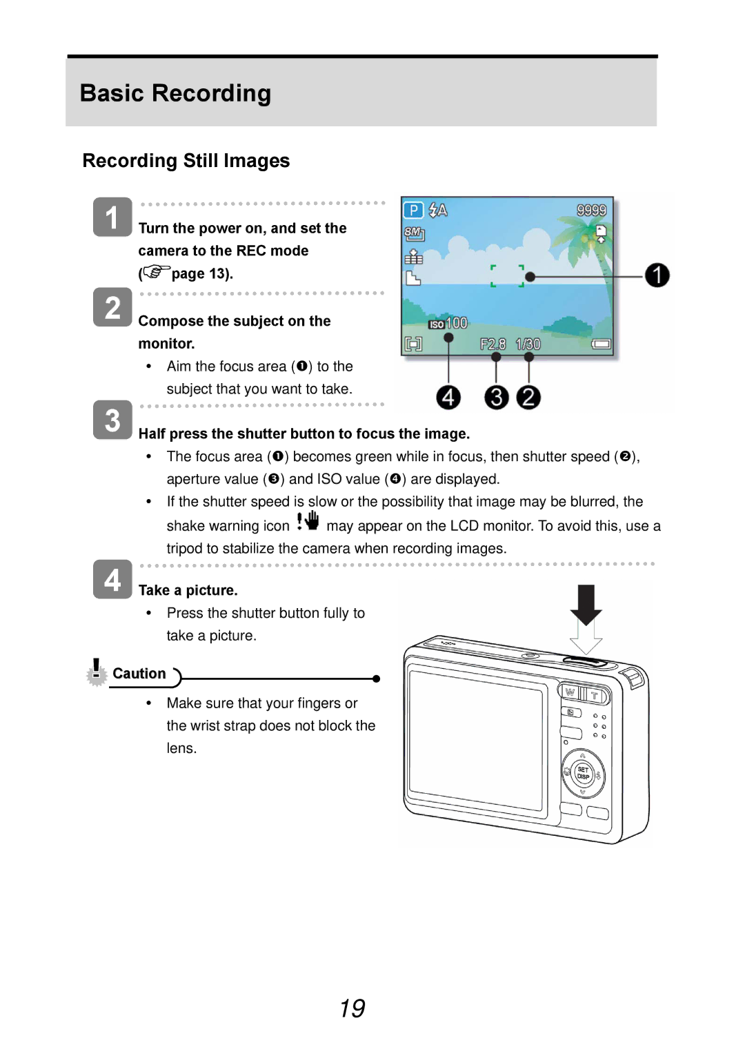 AGFA DC-830i Basic Recording, Recording Still Images, Half press the shutter button to focus the image, Take a picture 