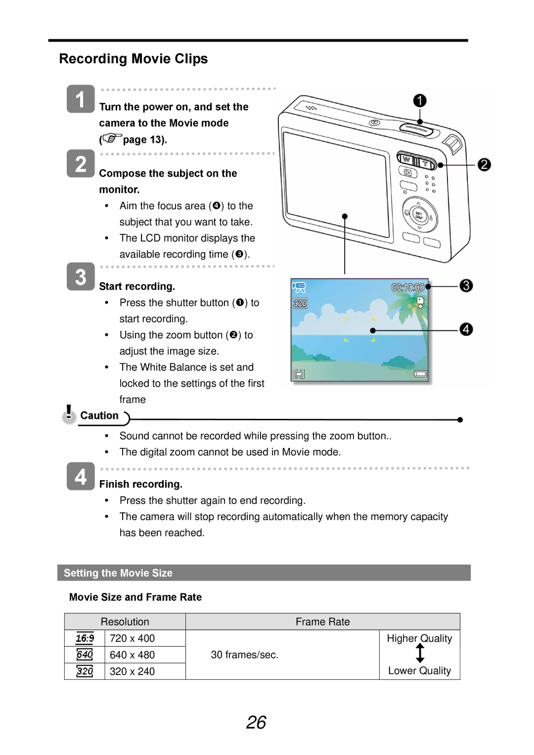 AGFA DC-830i Recording Movie Clips, Start recording, Finish recording, Setting the Movie Size, Movie Size and Frame Rate 