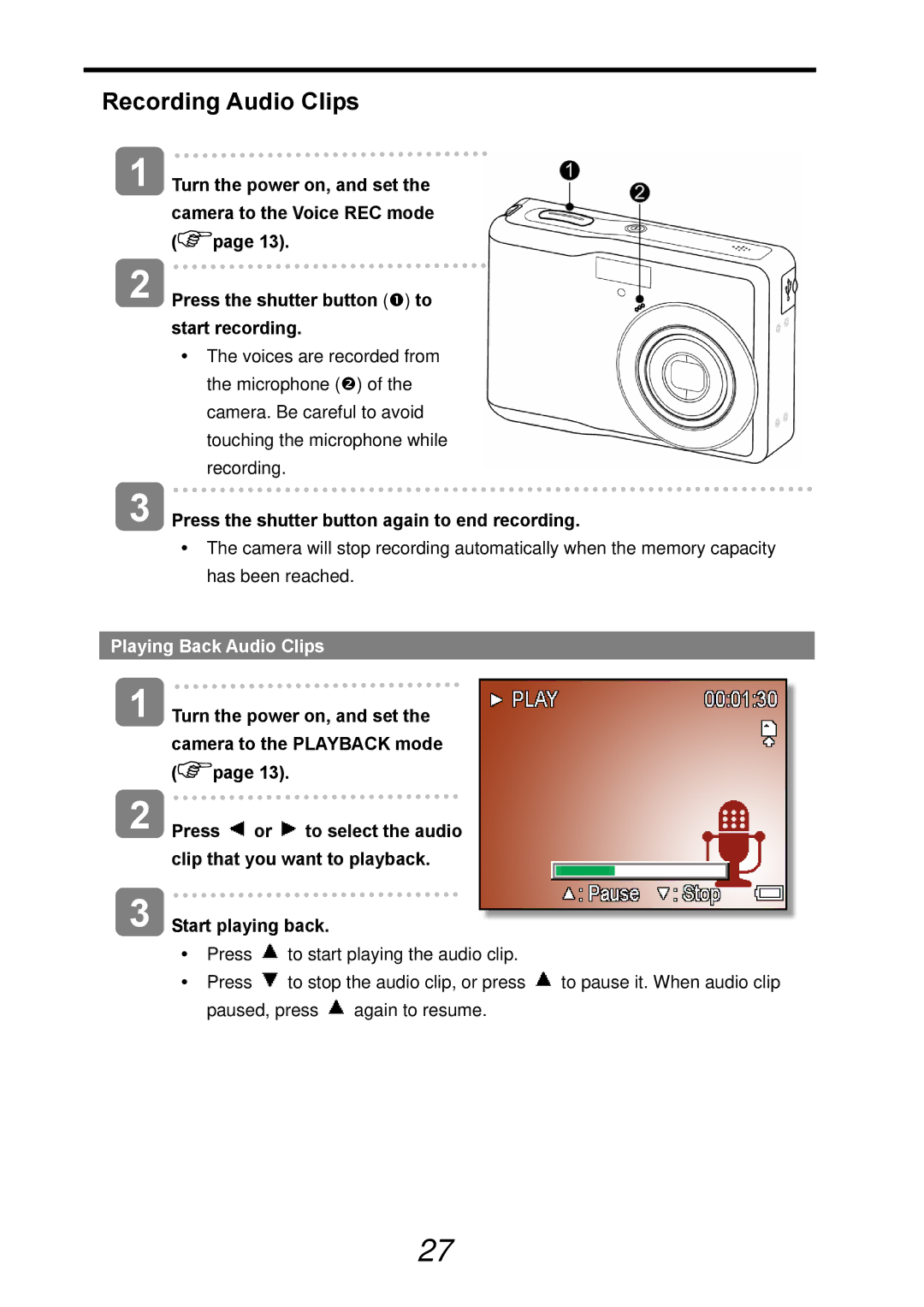 AGFA DC-830i operating instructions Recording Audio Clips, Playing Back Audio Clips 