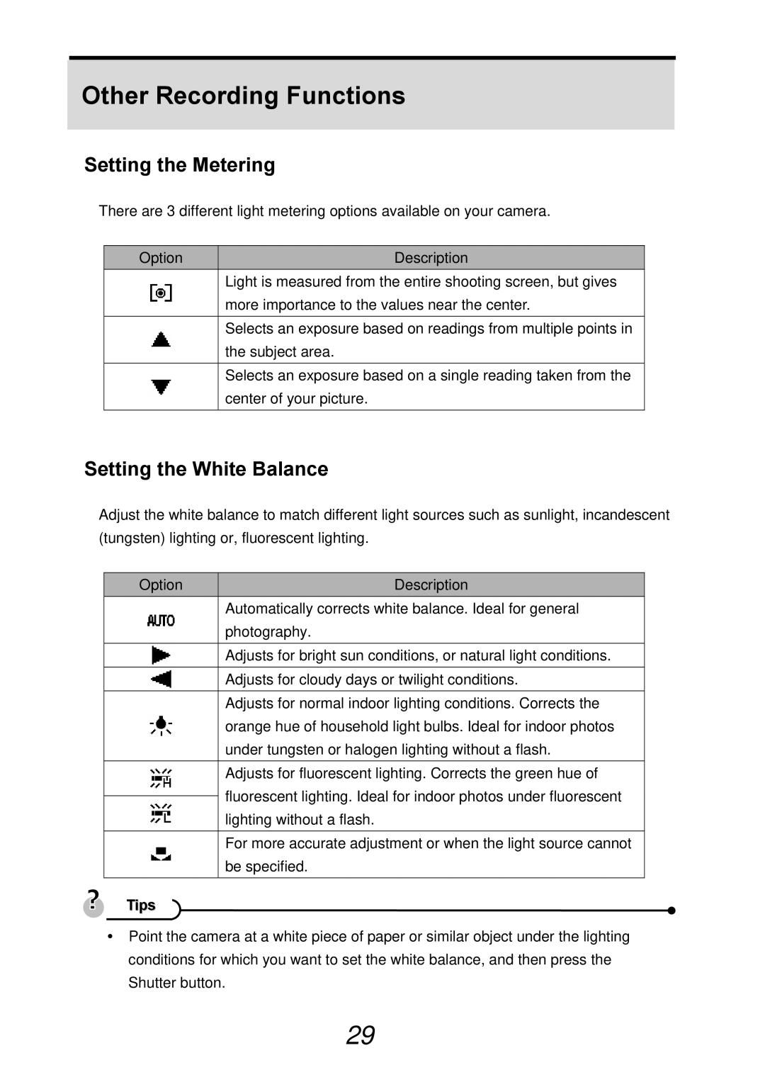 AGFA DC-830i operating instructions Other Recording Functions, Setting the Metering, Setting the White Balance 