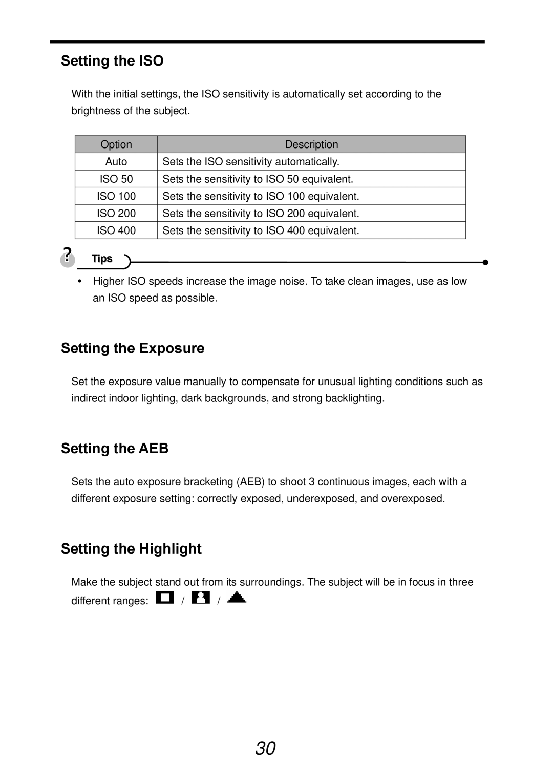 AGFA DC-830i operating instructions Setting the ISO, Setting the Exposure, Setting the AEB, Setting the Highlight 