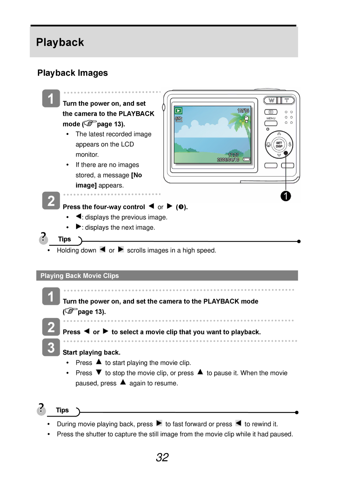 AGFA DC-830i Playback Images, Turn the power on, and set the camera to the Playback mode, Press the four-way control 