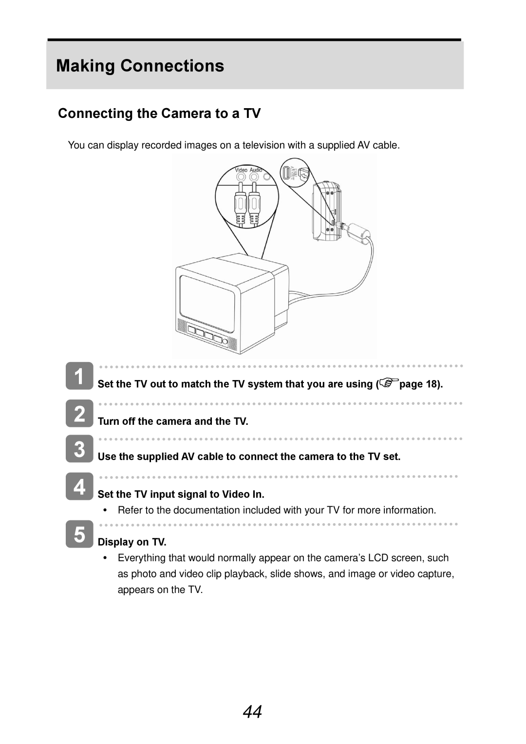 AGFA DC-830i operating instructions Making Connections, Connecting the Camera to a TV, Display on TV 