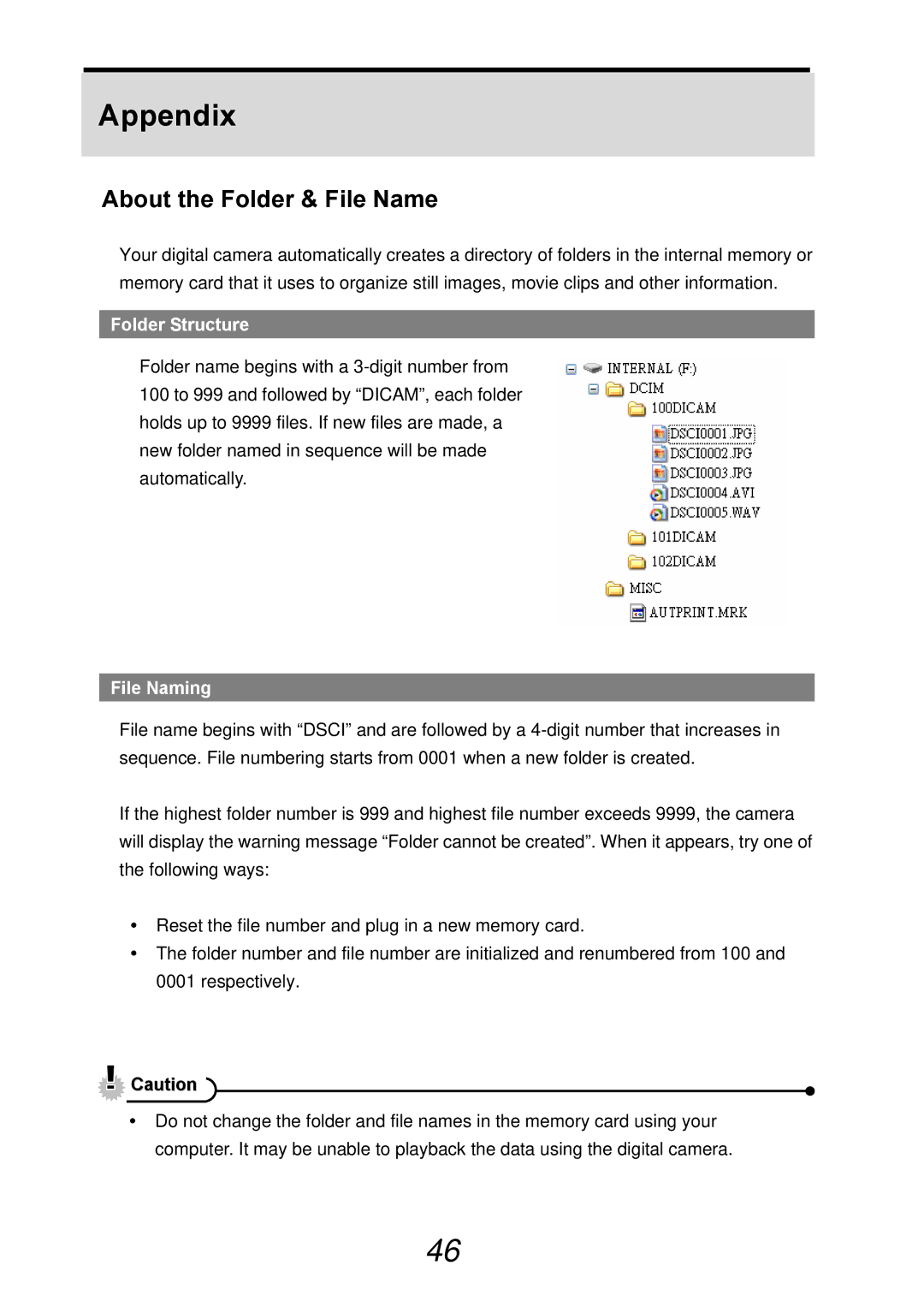 AGFA DC-830i operating instructions Appendix, About the Folder & File Name, Folder Structure, File Naming 