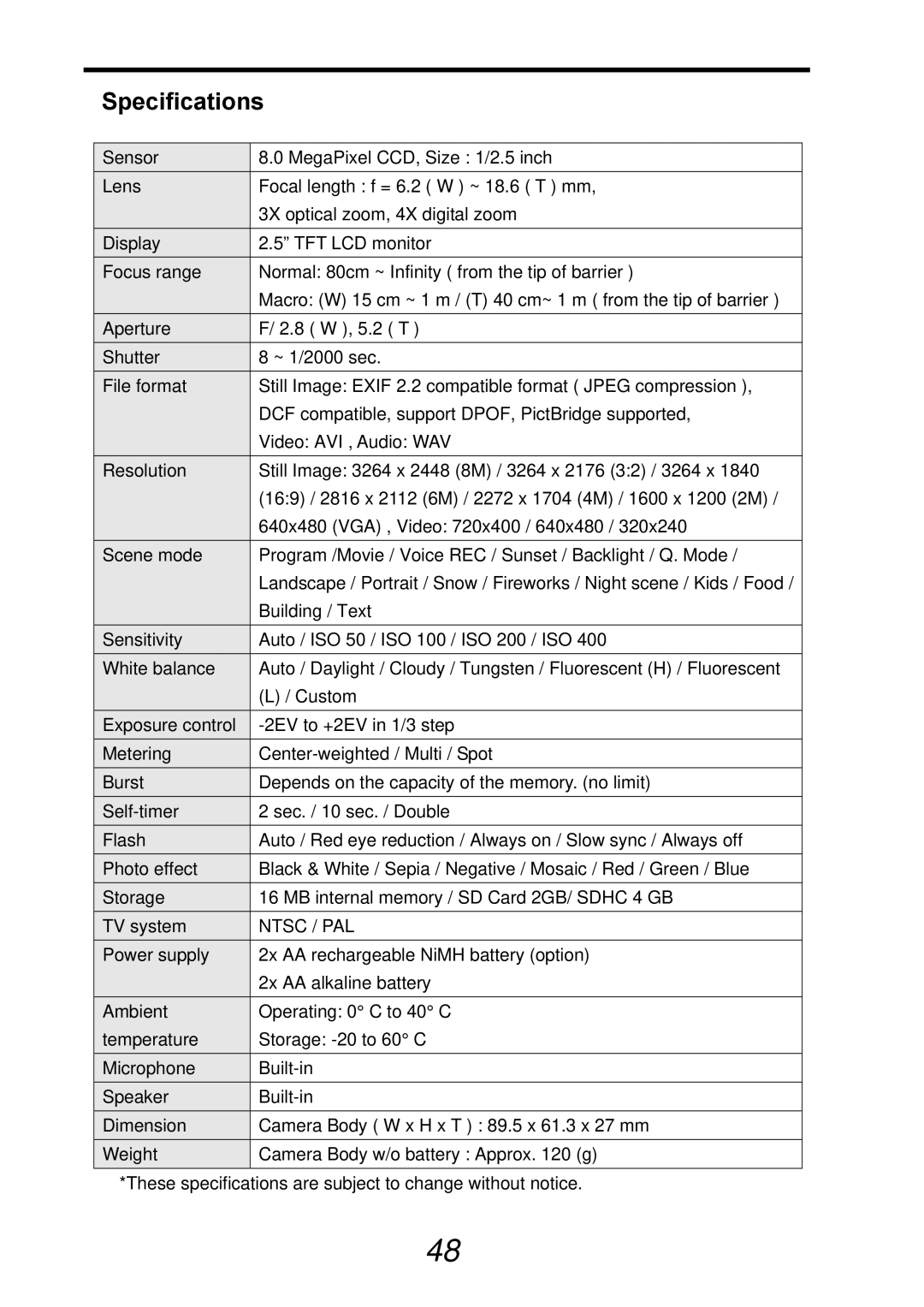 AGFA DC-830i operating instructions Specifications, Ntsc / PAL 