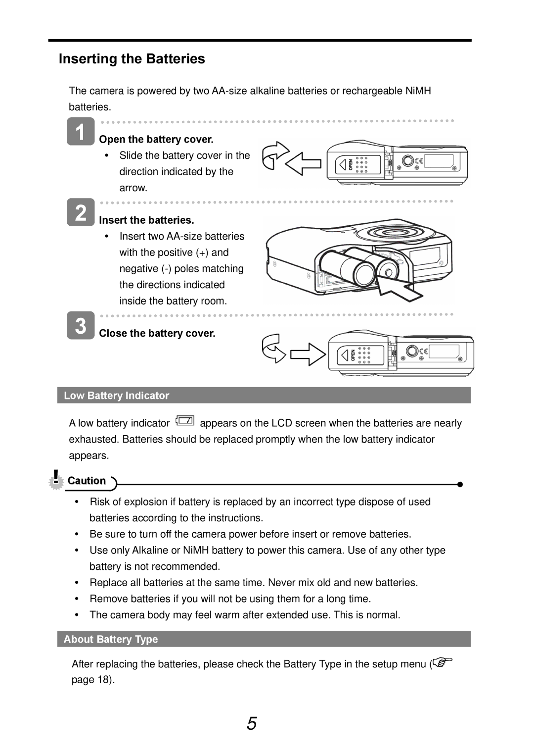 AGFA DC-830i operating instructions Inserting the Batteries, Low Battery Indicator, About Battery Type 