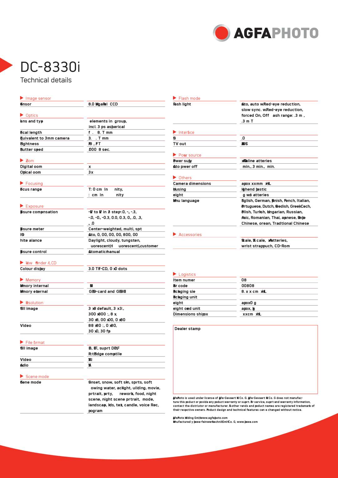 AGFA DC-8330i Image sensor Flash mode, Optics, Interface, Power source Zoom, Others Focusing, Exposure, Accessories 