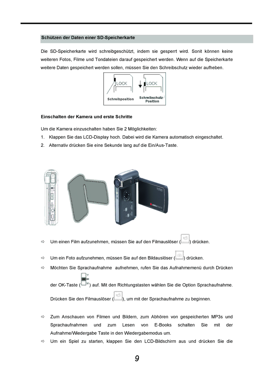 AGFA DV-5000G manual Schützen der Daten einer SD-Speicherkarte, Einschalten der Kamera und erste Schritte 