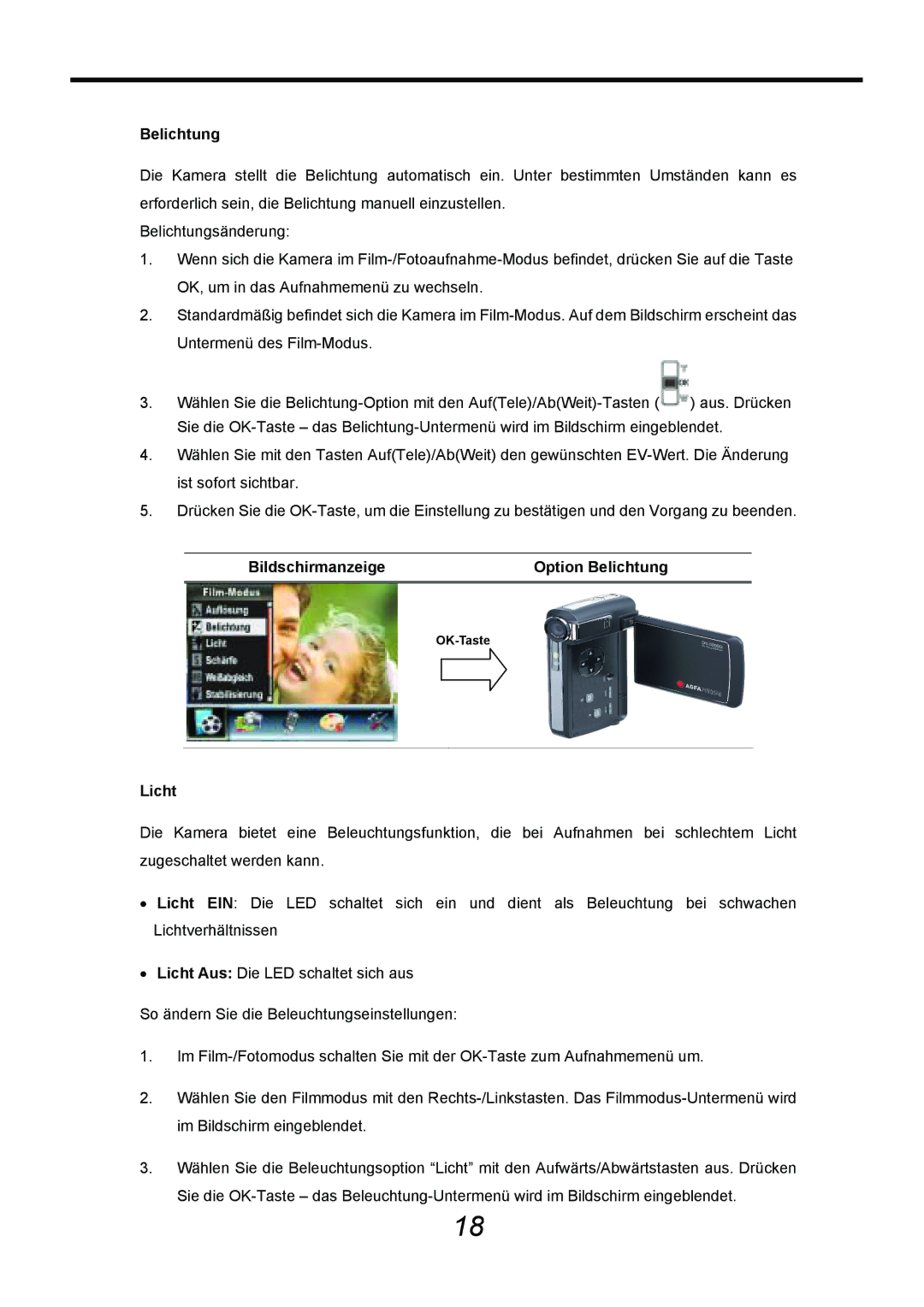 AGFA DV-5000G manual Bildschirmanzeige Option Belichtung 