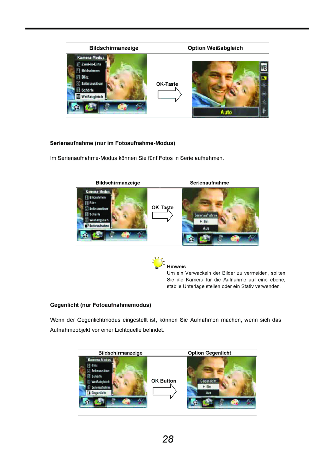 AGFA DV-5000G manual Serienaufnahme nur im Fotoaufnahme-Modus, Gegenlicht nur Fotoaufnahmemodus 