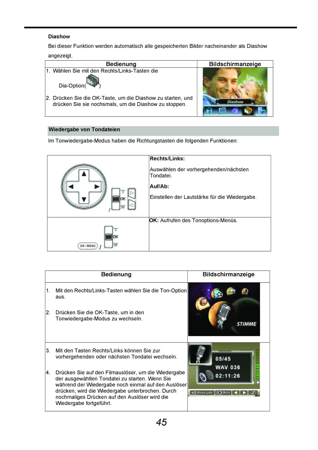 AGFA DV-5000G manual Diashow, Wiedergabe von Tondateien, Rechts/Links, Auf/Ab 