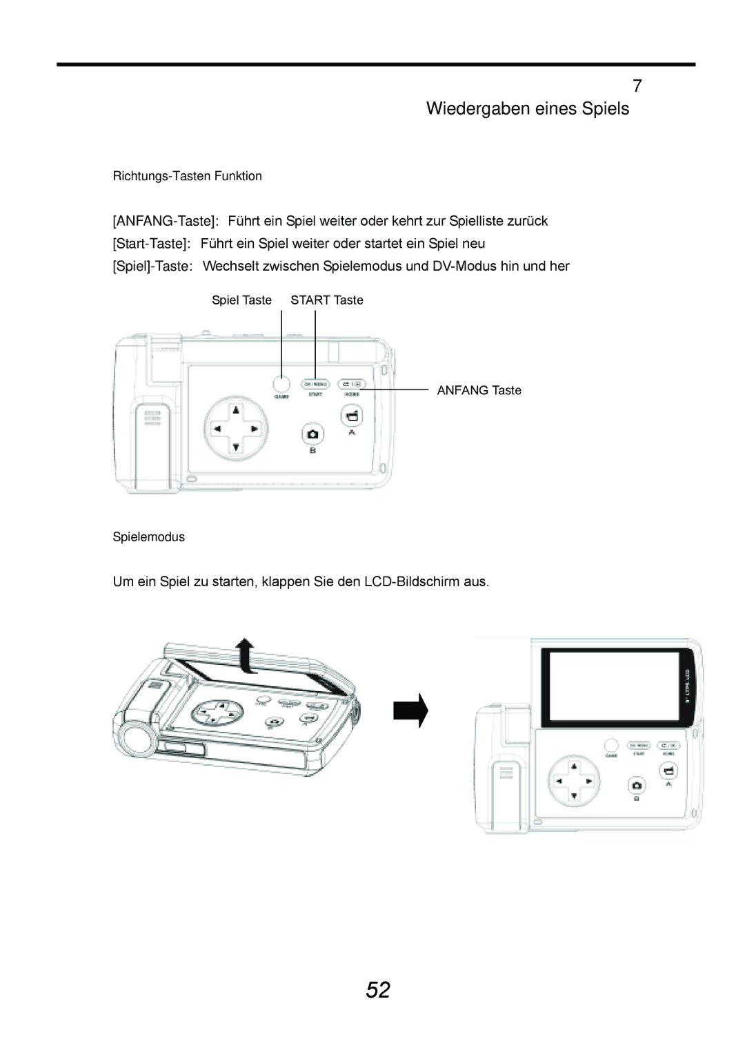 AGFA DV-5000G manual Wiedergaben eines Spiels, Richtungs-Tasten Funktion, Spielemodus 