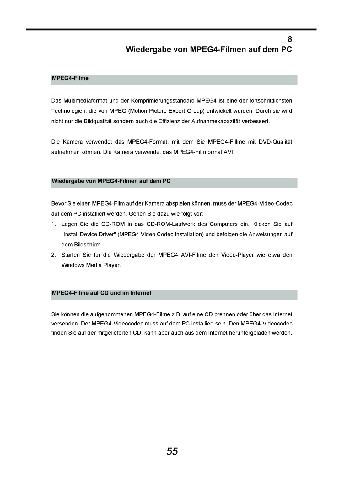 AGFA DV-5000G manual Wiedergabe von MPEG4-Filmen auf dem PC, MPEG4-Filme auf CD und im Internet 