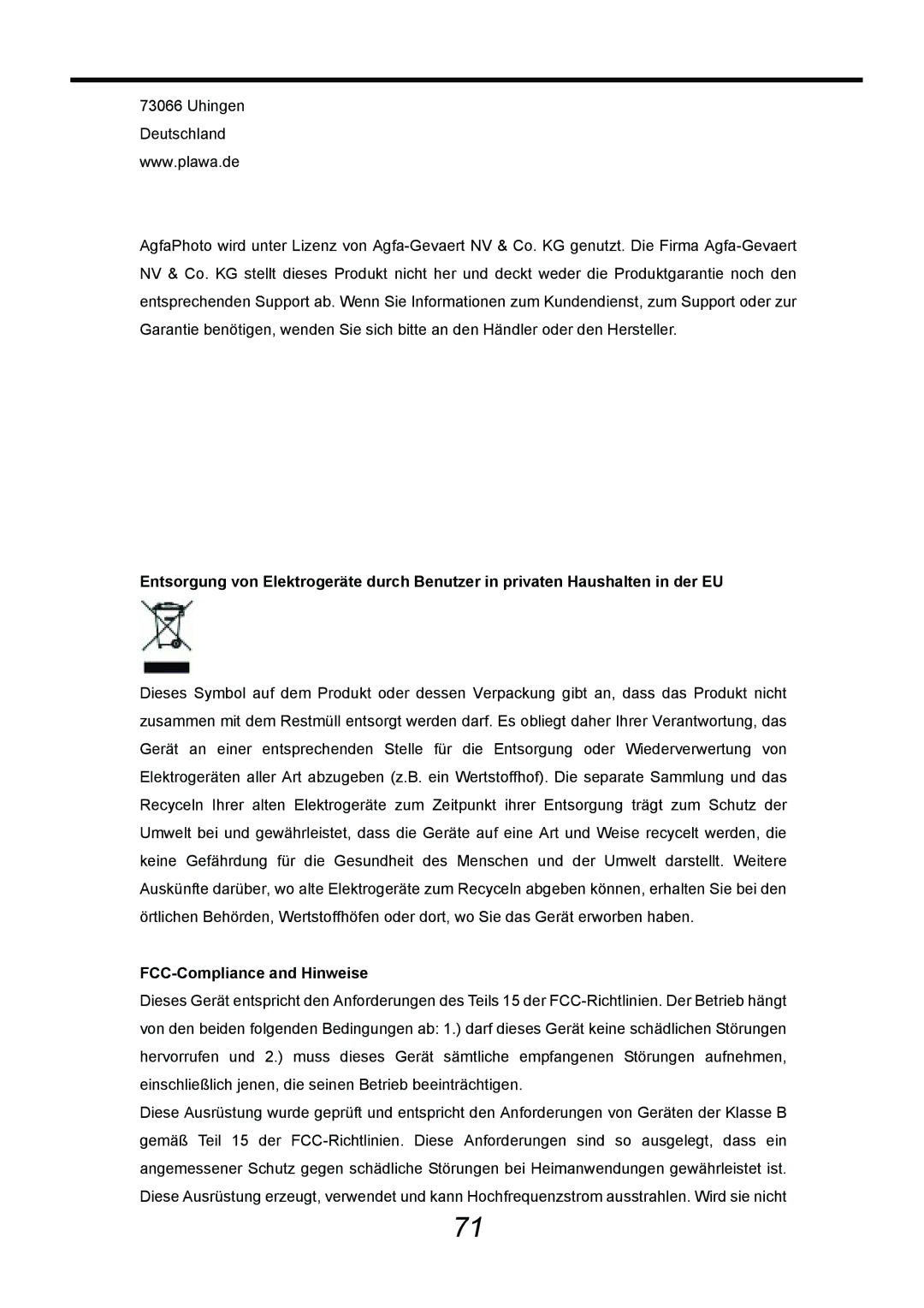 AGFA DV-5000G manual FCC-Compliance and Hinweise 