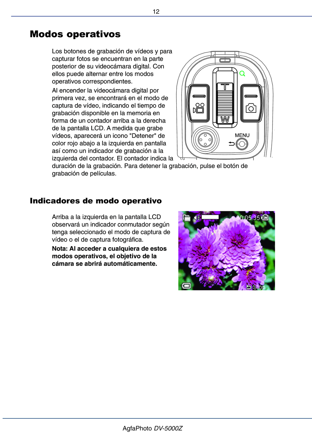 AGFA DV-5000Z manual Modos operativos, Indicadores de modo operativo 