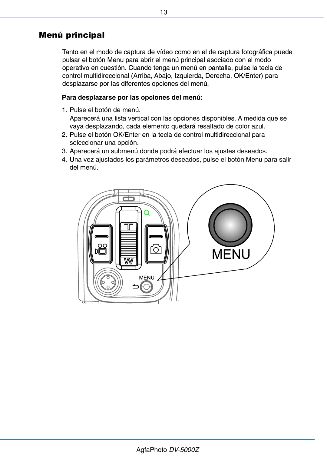 AGFA DV-5000Z manual Menú principal, Para desplazarse por las opciones del menú 