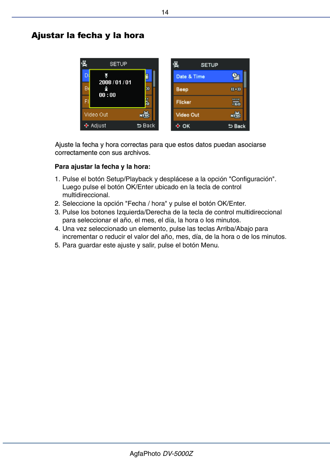 AGFA DV-5000Z manual Ajustar la fecha y la hora, Para ajustar la fecha y la hora 