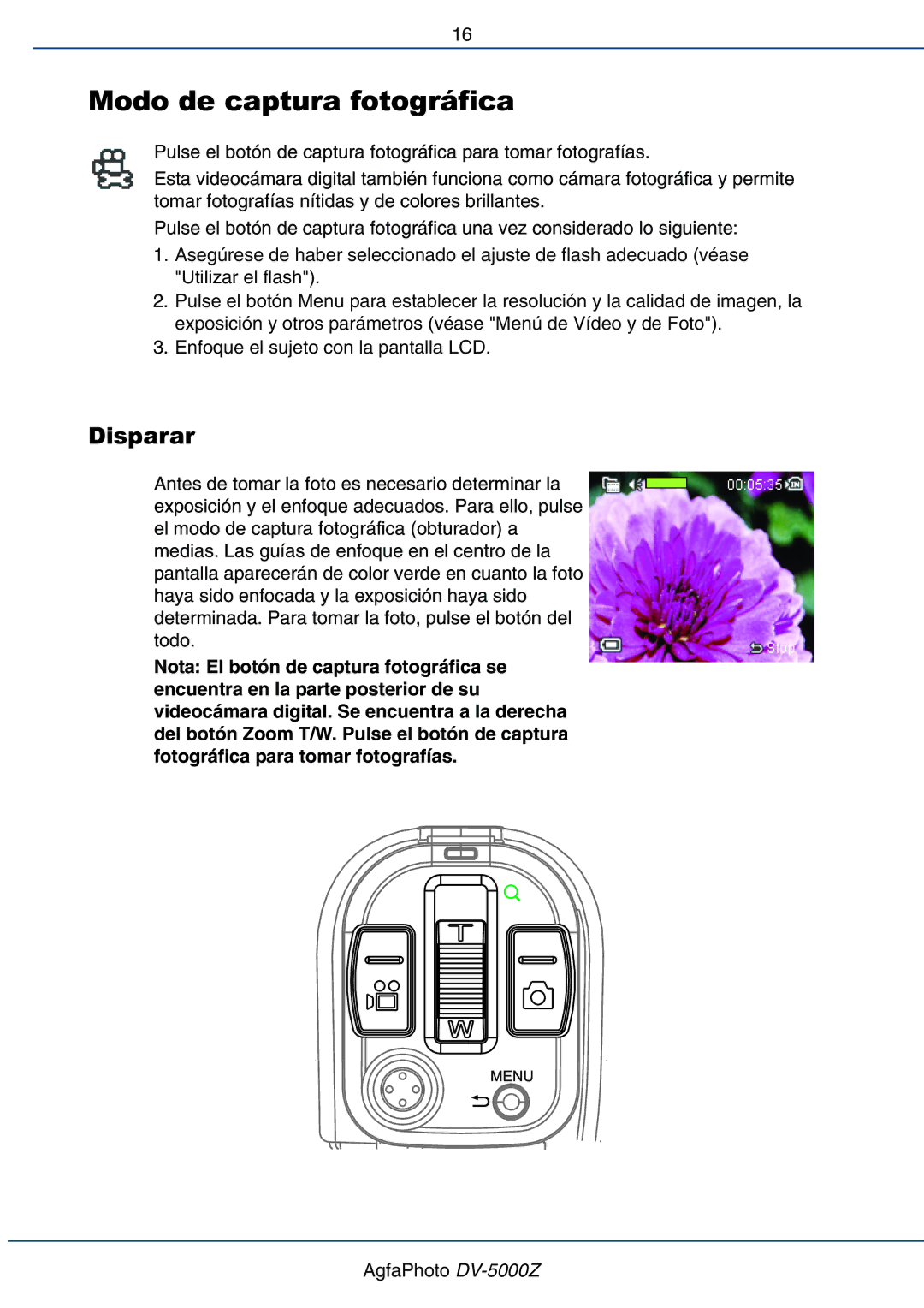 AGFA DV-5000Z manual Modo de captura fotográfica, Disparar 