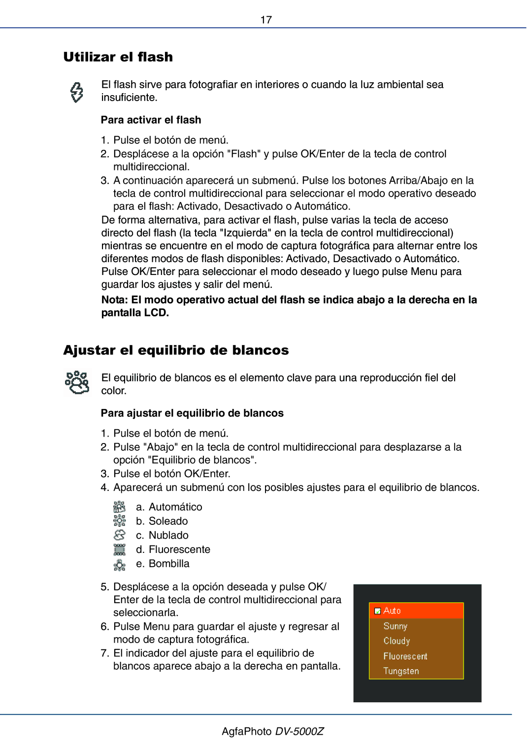 AGFA DV-5000Z manual Utilizar el flash, Ajustar el equilibrio de blancos, Para activar el flash 