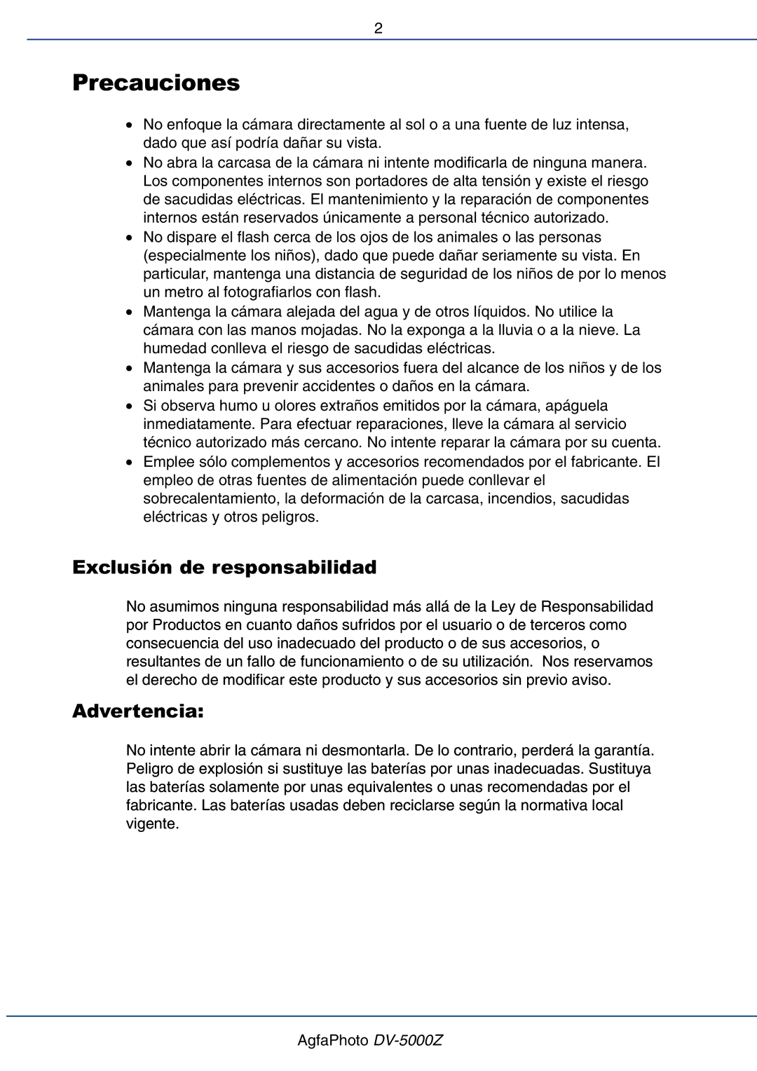 AGFA DV-5000Z manual Precauciones, Exclusión de responsabilidad, Advertencia 