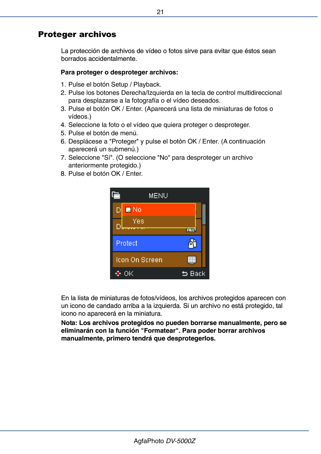 AGFA DV-5000Z manual Proteger archivos, Para proteger o desproteger archivos 