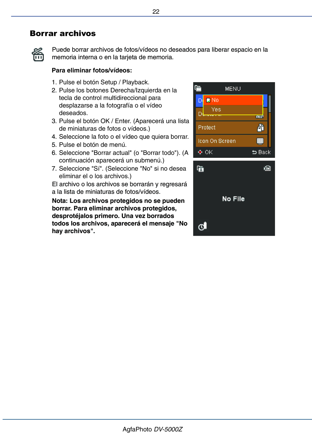 AGFA DV-5000Z manual Borrar archivos, Para eliminar fotos/vídeos 