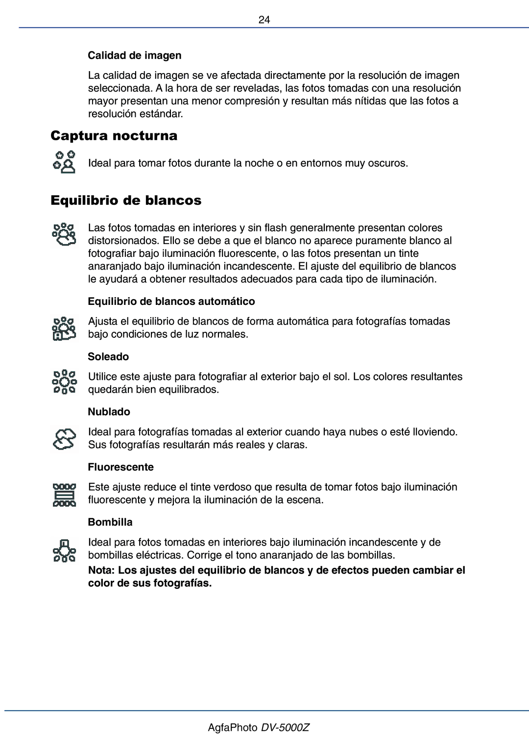 AGFA DV-5000Z manual Captura nocturna, Equilibrio de blancos 