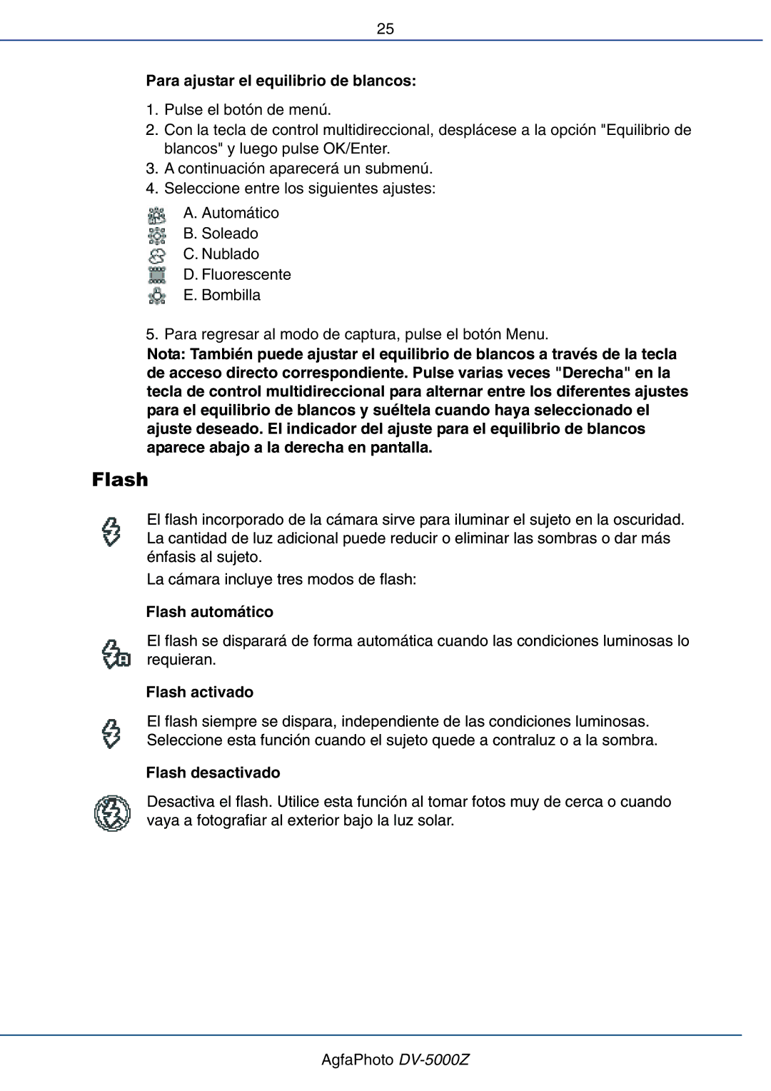 AGFA DV-5000Z manual Flash automático, Flash activado, Flash desactivado 