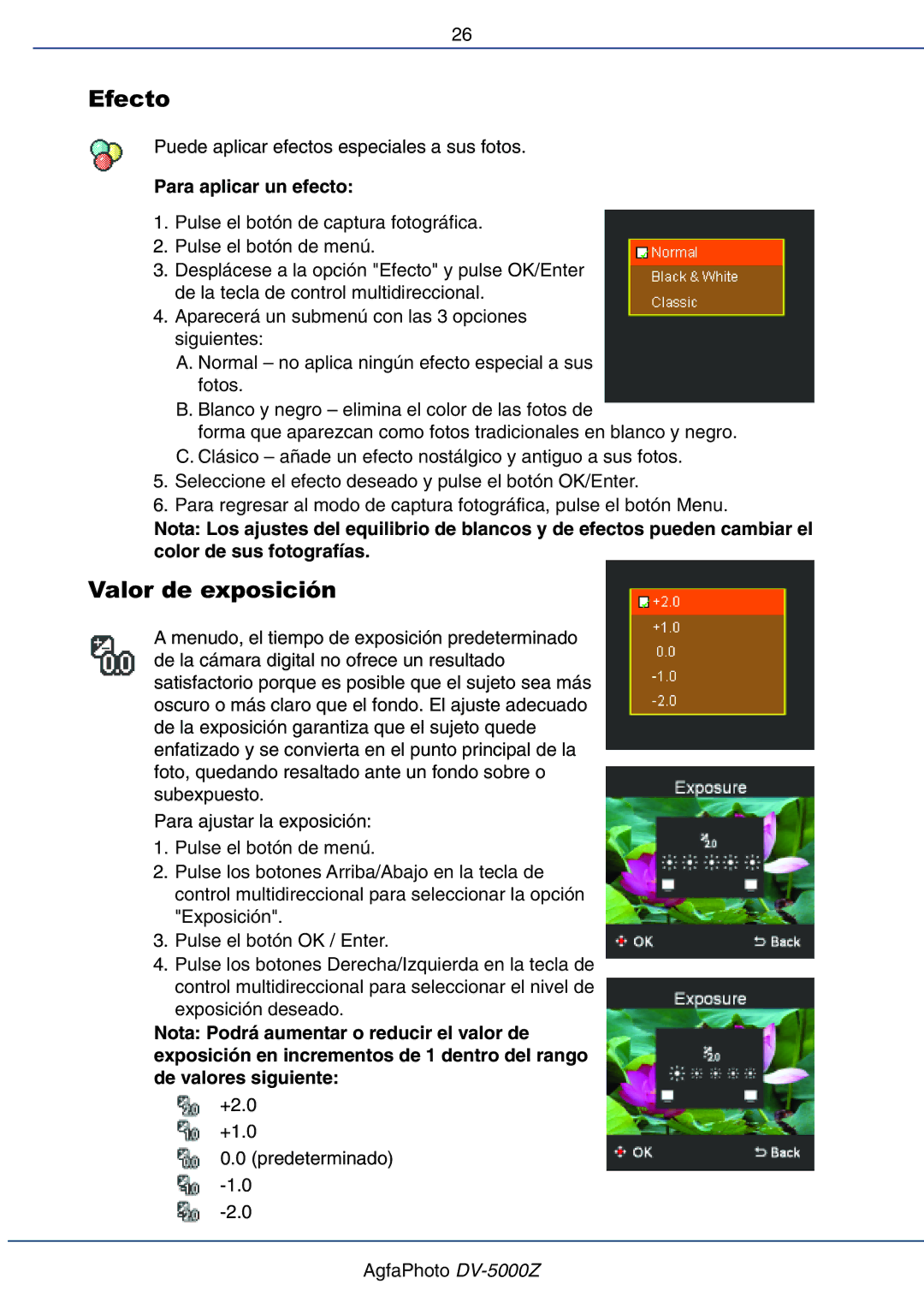 AGFA DV-5000Z manual Efecto, Valor de exposición, Para aplicar un efecto 