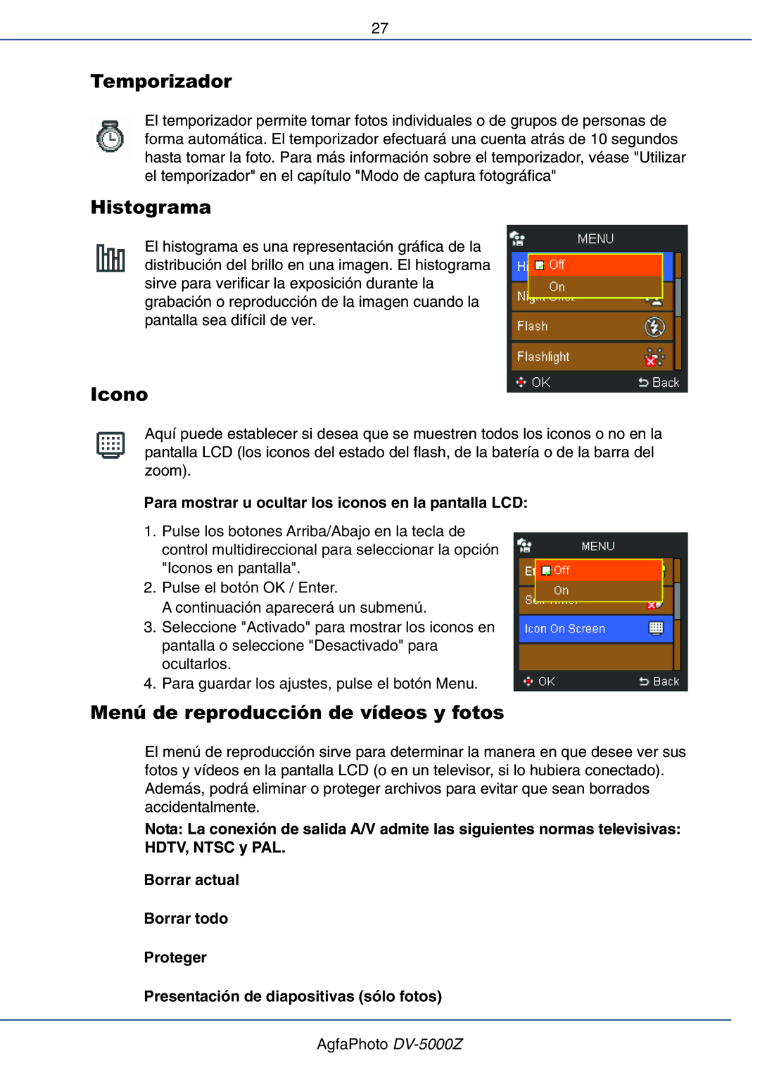 AGFA DV-5000Z manual Temporizador, Histograma, Icono, Menú de reproducción de vídeos y fotos 