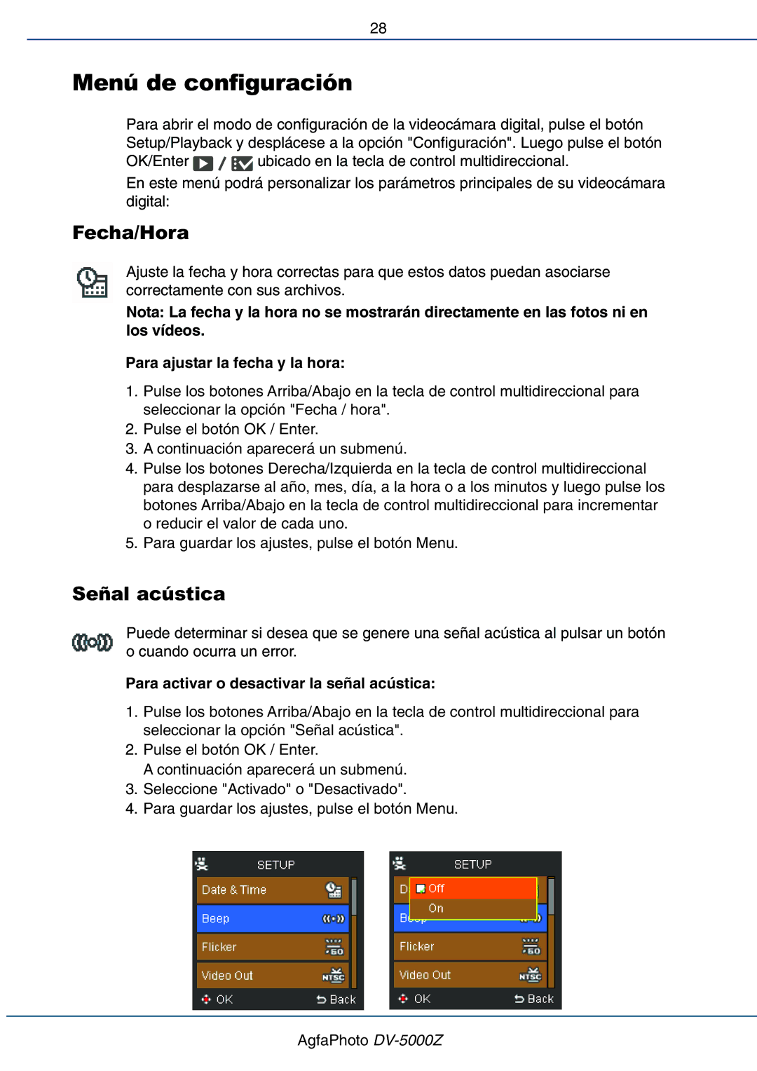 AGFA DV-5000Z manual Menú de configuración, Fecha/Hora, Señal acústica, Para activar o desactivar la señal acústica 