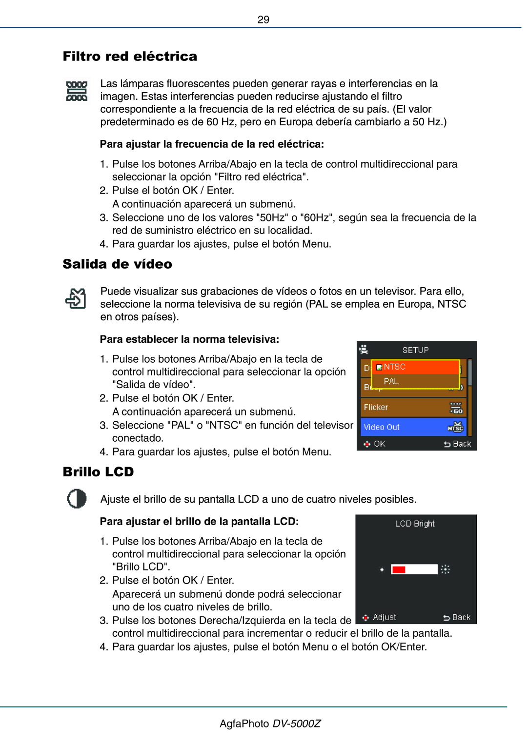 AGFA DV-5000Z manual Filtro red eléctrica, Salida de vídeo, Brillo LCD 