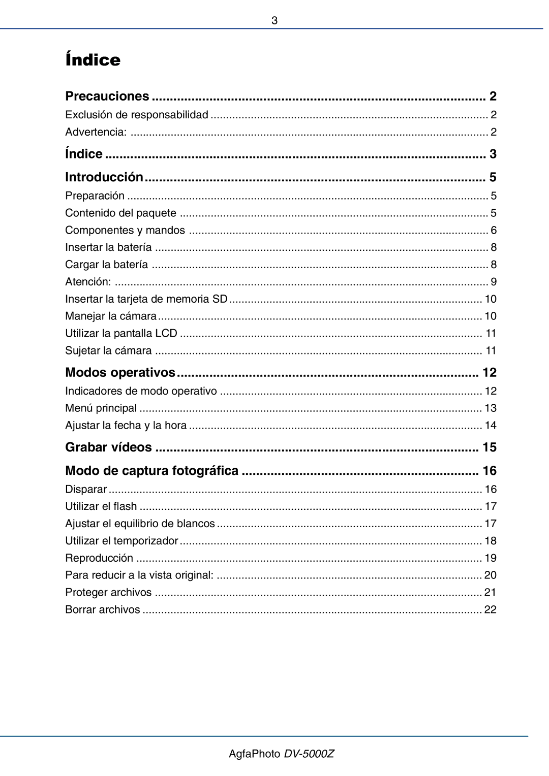 AGFA DV-5000Z manual Índice Introducción 