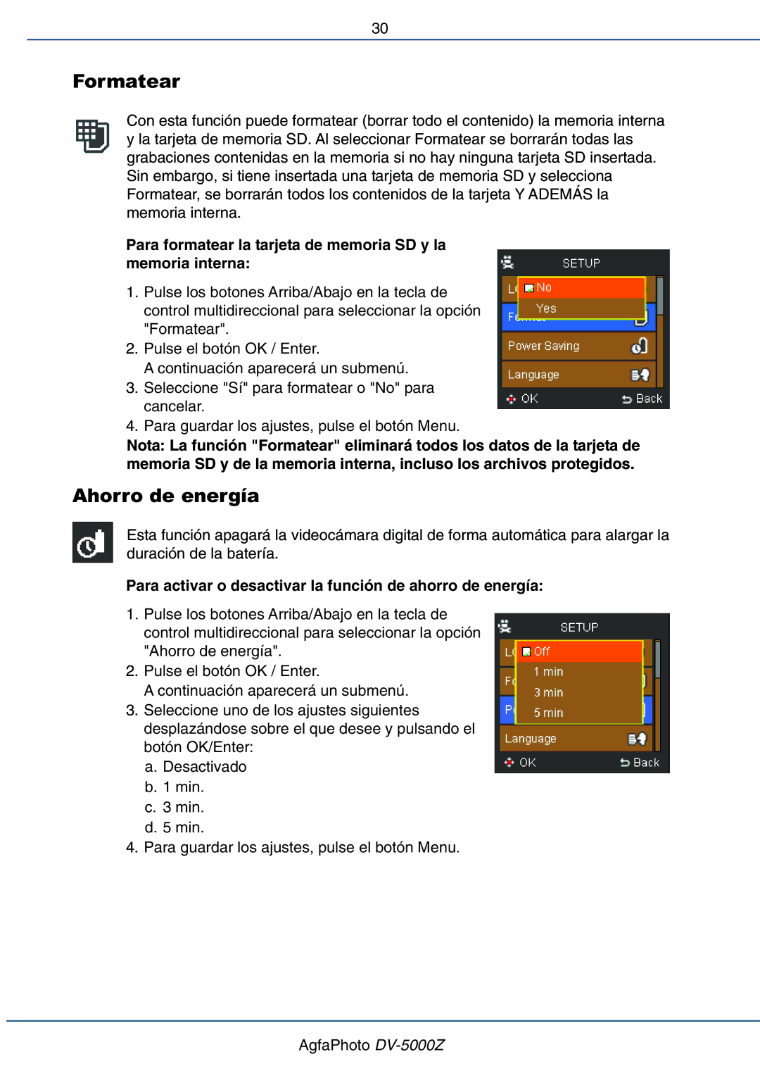 AGFA DV-5000Z manual Formatear, Ahorro de energía, Para activar o desactivar la función de ahorro de energía 