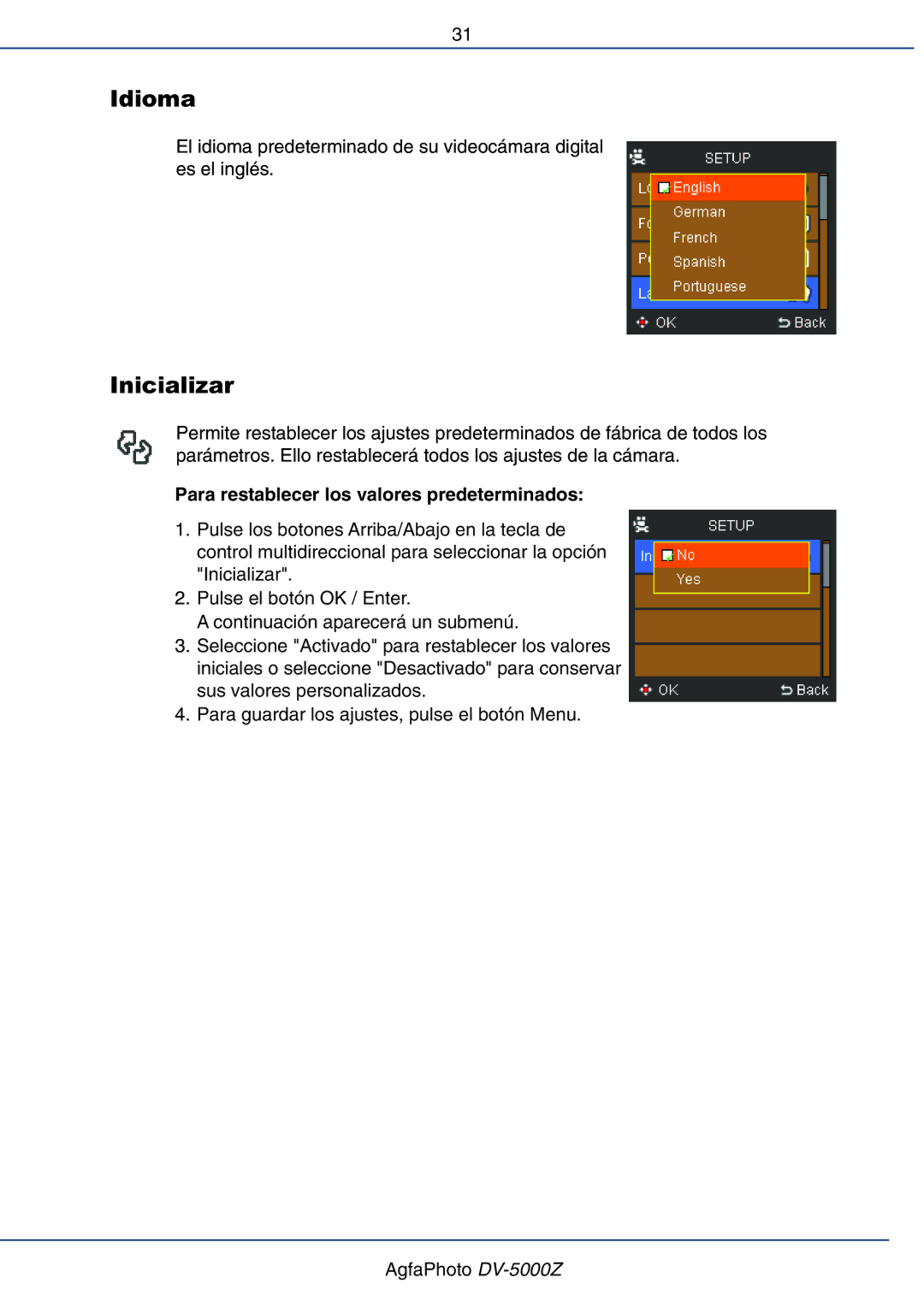 AGFA DV-5000Z manual Idioma, Inicializar, Para restablecer los valores predeterminados 
