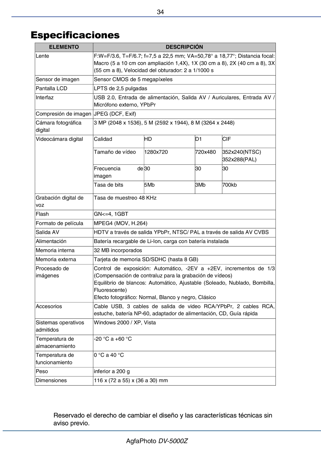 AGFA DV-5000Z manual Especificaciones, Elemento Descripción 